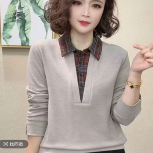 T恤百搭休闲女装 假两件翻领长袖 减龄上衣 妈妈装 2025秋冬加绒时尚