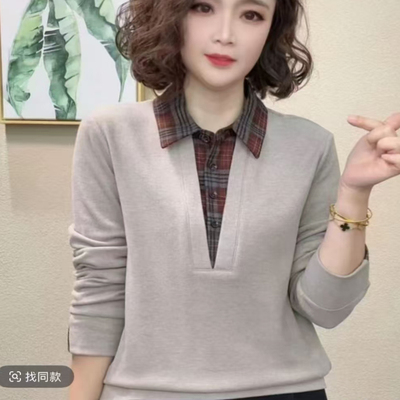 2025秋冬加绒时尚妈妈装假两件翻领长袖T恤百搭休闲女装减龄上衣