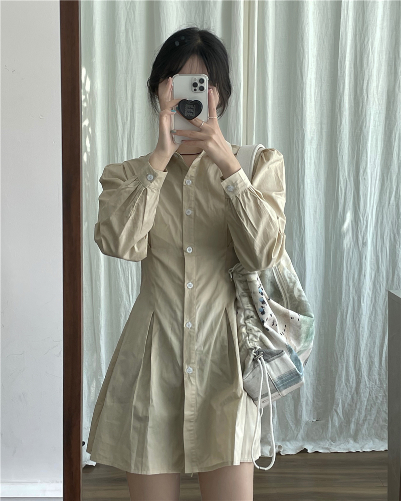 Real price Korean style retro western style long sleeve shirt dress with bubble sleeves