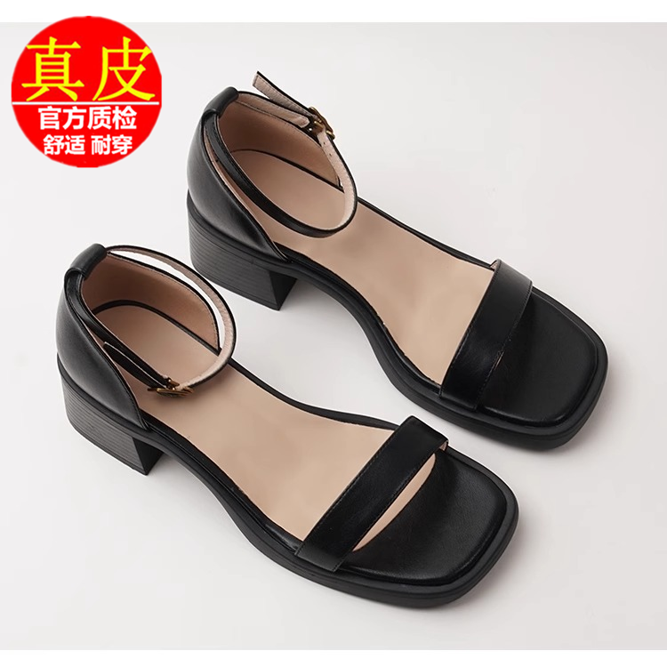 2024夏软底真皮罗马一字带凉鞋女黑色厚底粗跟露趾后包跟高跟鞋女