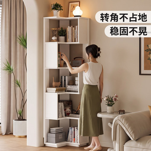 转角书架落地置物架一体靠墙柜子