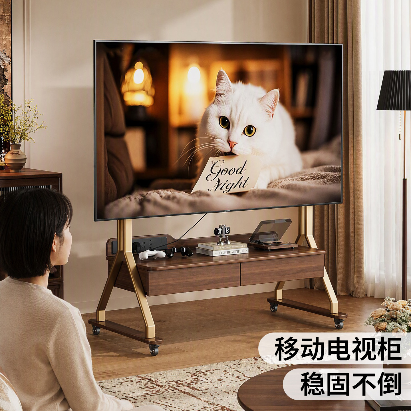 实木中古风可移动电视柜客厅家用2026新款落地储物电视支架小户型