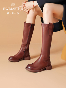 法玛莎高端女款长筒靴2025新款头层牛皮侧拉炼中跟不过膝骑士长靴