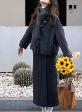 韩系搭配一整套冬装灰色毛呢外套高级感小香风半身群两件套裙装女