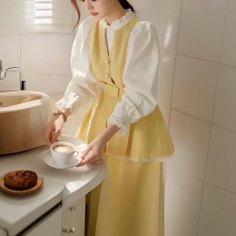 现货 独特黄色拼接衬衫中长半身裙套装早秋穿搭蕾丝边女2025新款