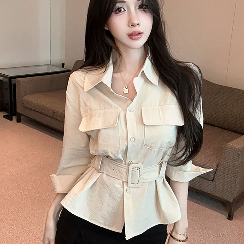 实拍实价    港味时尚POIO领设计感七分袖腰带显瘦衬衣