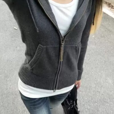 复古灰色连帽衫针织开衫女秋季拉链小个子修身毛衣外套设计感上衣