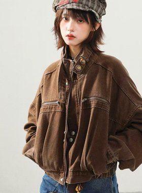 AONW美式复古工装牛仔外套女秋季新款宽松高级感短款夹克上衣潮