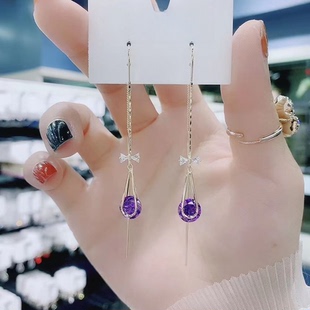 韩国东大门百搭紫色水滴耳坠长款流苏显脸瘦耳线耳线美人眼泪耳环