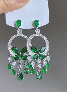 欧美夏季夸张绿色蝴蝶闪钻流苏耳环精致气质百搭奢华晚宴礼服耳饰