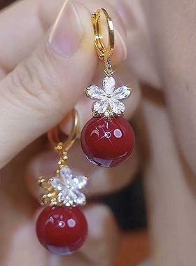 红色珠珠水钻花朵耳扣高级感轻奢高级感耳坠气质百搭新款耳饰