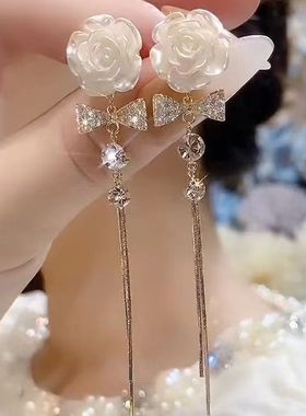 超仙山茶花金色花朵耳钉长款流苏耳坠网红轻奢气质一款两戴耳饰潮