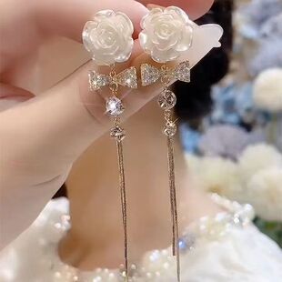 超仙山茶花金色花朵耳钉长款流苏耳坠网红轻奢气质一款两戴耳饰潮