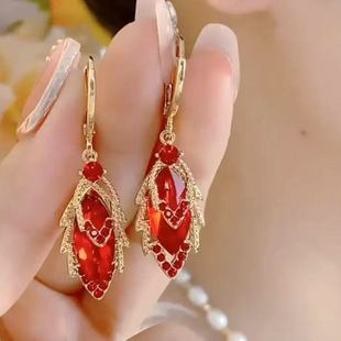 气质优雅红色水钻树叶耳扣时尚高级感金枝玉叶耳环女简约百搭耳饰