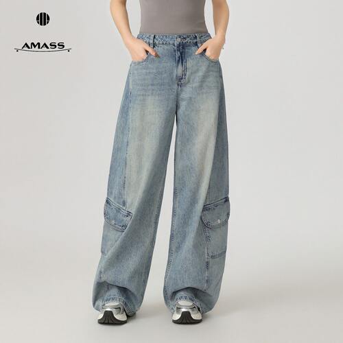 AMASS/阿玛施新款复古大口袋宽松垂感潮酷工装阔腿牛仔裤女510089