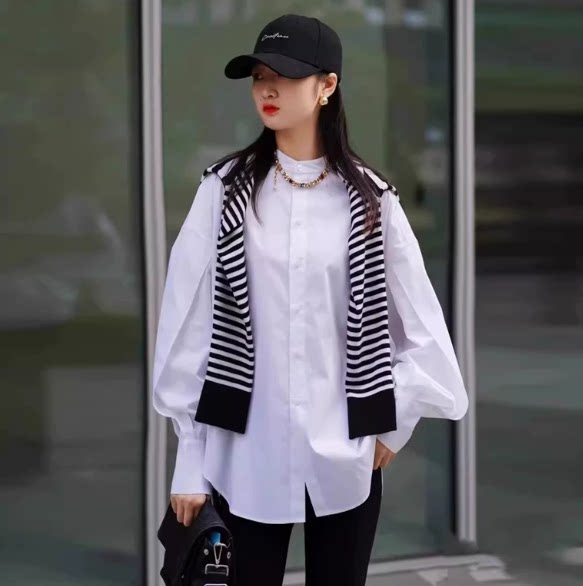 阿玛施女装正品2025秋冬款百搭泡泡袖立领长袖衬衫女衬衣1300870