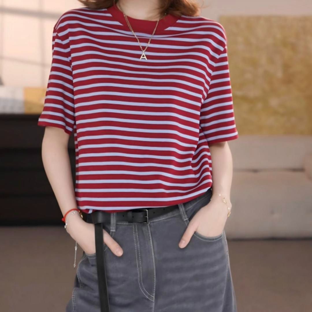 AMASS/阿玛施新款休闲百搭简约宽松显瘦条纹短袖T恤上衣530092