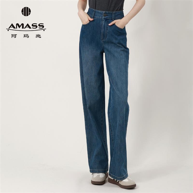 阿玛施AMASS女士高腰休闲直筒显瘦时尚百搭弹力蓝色牛仔裤5100588