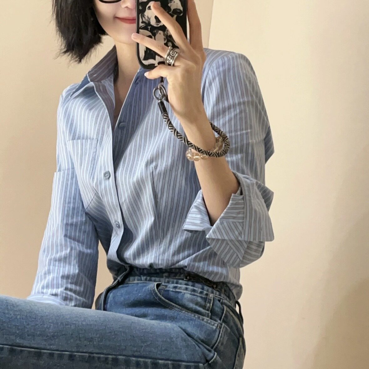阿玛施长袖条纹衬衣女款修身蓝色长袖洋气上衣530022衬衫