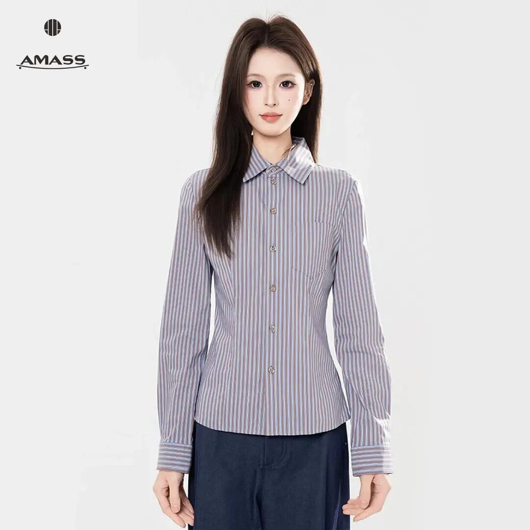 AMASS/阿玛施早秋新款法式修身通勤衬衫时尚收腰长袖衬衣女530022图片