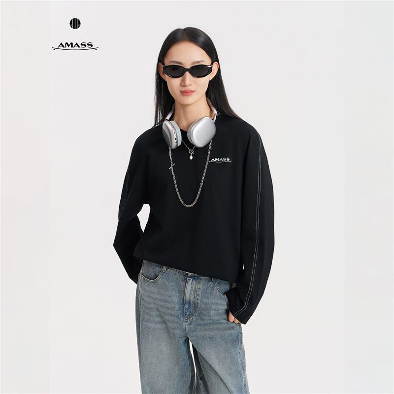 阿玛施AMASS新款休闲百搭松弛设计感印花V领长袖宽松卫衣女530158