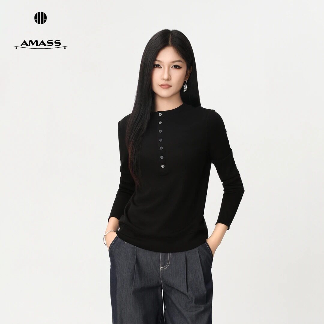 AMASS/阿玛施26早秋薄款亨利领长袖上衣半开襟外出洋气小衫530012