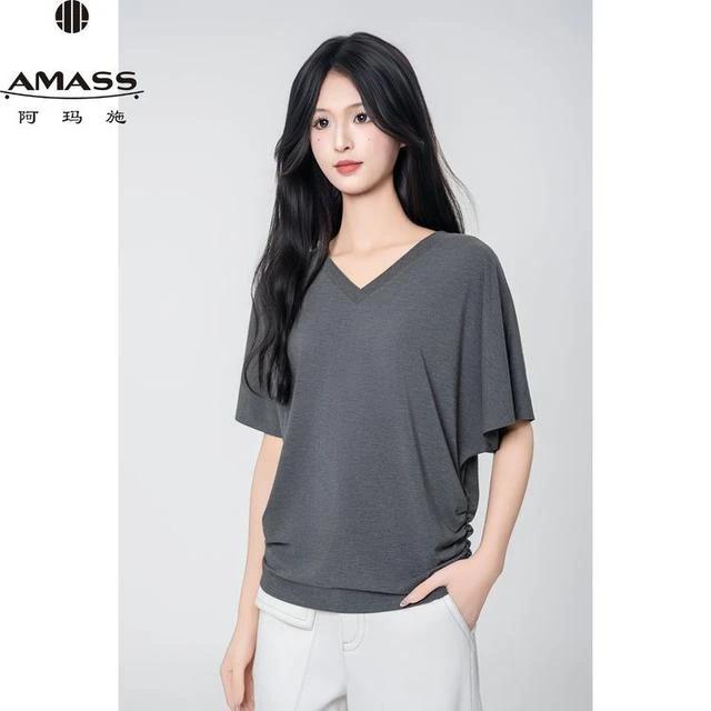 AMASS/阿玛施夏季清凉冰丝捏褶收腰宽松显瘦短袖V领面膜T恤530081