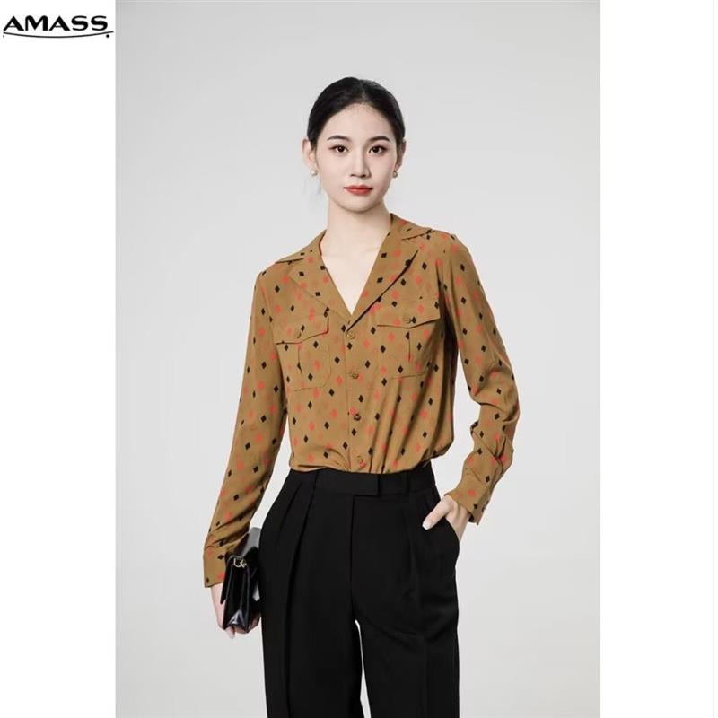AMASS/阿玛施通勤单排扣长袖西服领复古几何印花衬衫女5300923