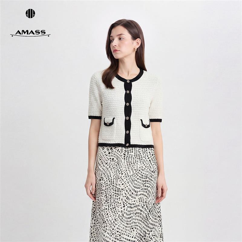 AMASS/阿玛施夏季短袖针织法式镂空小香风短款针织开衫5499206