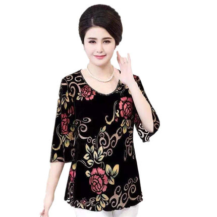 奶奶七分袖t恤女中老年春夏大码真丝绒上衣桑蚕丝半袖妈妈小衫薄