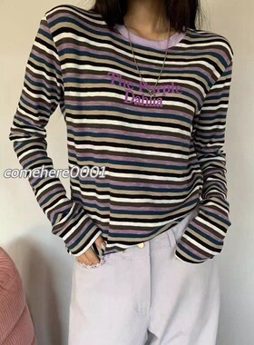 现货速发韩国东大门TARA BY MOTION女26春季圆领条纹字母长袖T恤