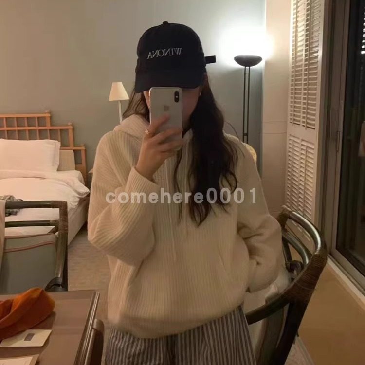 现货速发韩国东大门代购ounce2025冬新款连帽纯色慵懒风针织毛衣