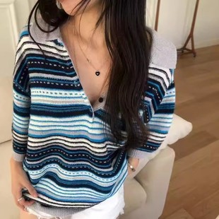 现货速发韩国东大门代购breathe2025夏季新款条纹落肩软糯针织衫