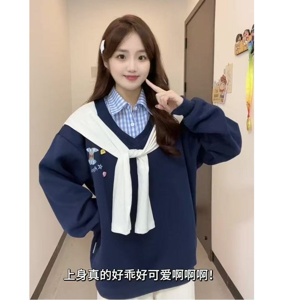 学院风POLO领假两件薄款卫衣