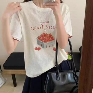 T恤女夏季 韩系chic别致印花杏色圆领短袖 超好看独特漂亮宽松上衣