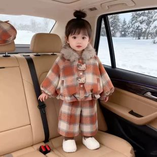 女小童冬装加绒毛领格子套装2025新款洋气小香风加厚甜美两件套潮