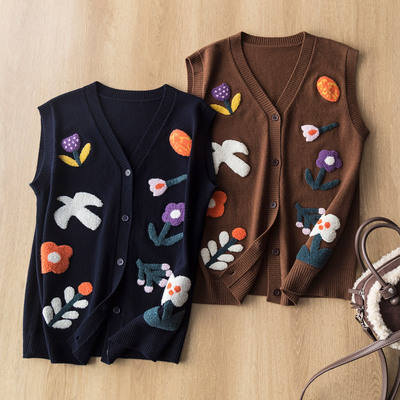 休闲减龄 重工立体花朵毛巾绣100羊毛V领无袖毛衣针织马甲背心女