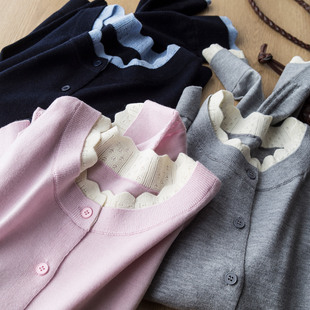 撞色蕾丝花边钩花镂空假两件毛衣开衫 女26早春 桑蚕丝羊毛针织开衫