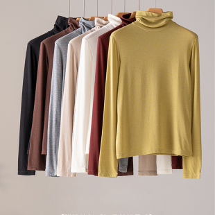 力荐~云锦薄款丝光羊毛打底衫修身堆堆领长袖T恤纯色轻暖打底衫女
