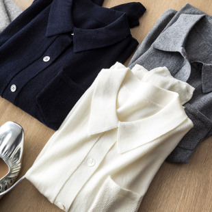 衬衫 针织开衫 气质通勤人字纹绵羊毛宽松单口袋翻领长袖 法系优雅