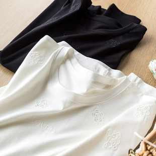 巨有腔调！含桑蚕丝玫瑰花字母提花刺绣圆领宽松短袖T恤女2026夏