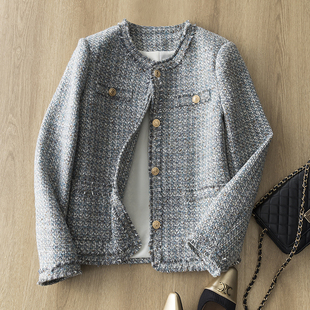 重工轻奢粗花呢 扎染灰蓝 小香风春新款法式花呢拉毛流苏香外套女