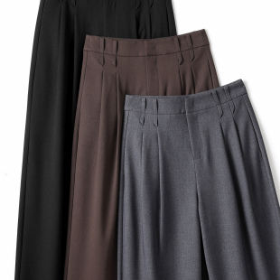 直筒休闲长裤 裤 女 含羊毛高腰通勤捏褶显瘦垂感阔腿西装 松弛感