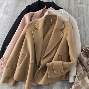 高端手工全羊毛双面呢大衣女短款西装小个子宽松呢子外套