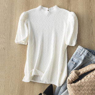 柔美气质加成 提花肌理100%美丽诺羊毛泡泡袖珍珠扣针织短袖上衣