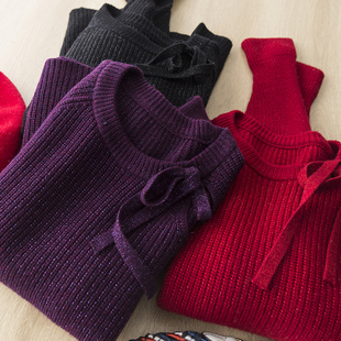 优雅气质全羊毛夹亮丝暗闪露锁骨领口蝴蝶结系带设计感针织衫毛衣