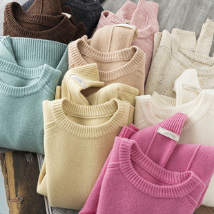 温柔系暖糯全羊毛树莓粉夹花点子纱插肩袖加厚宽松针织衫圆领毛衣