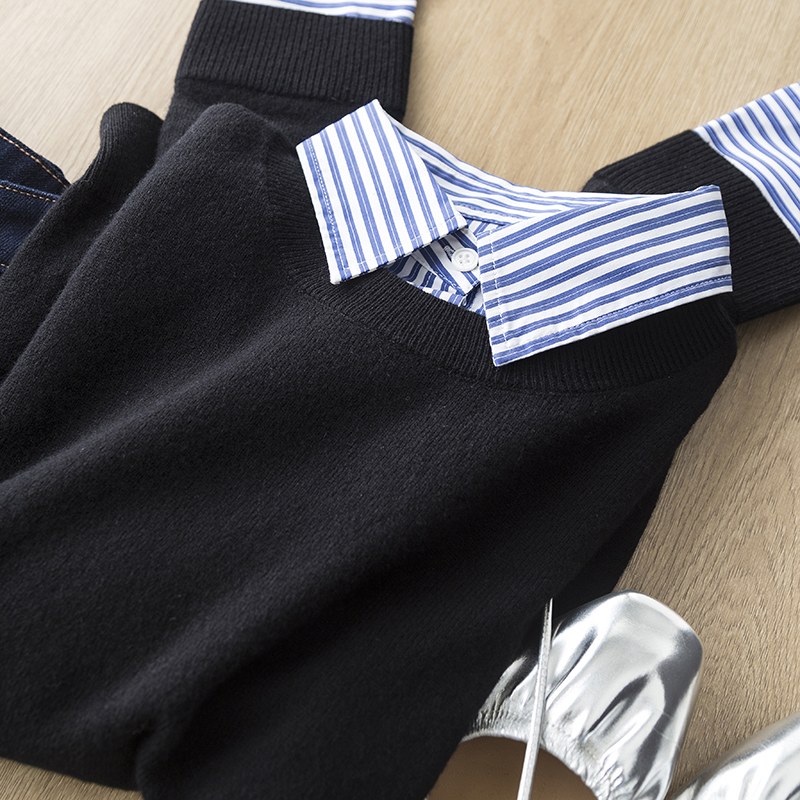 福利款~全羊毛知识分子打底叠穿上衣拼色翻领假两件针织衫上衣女