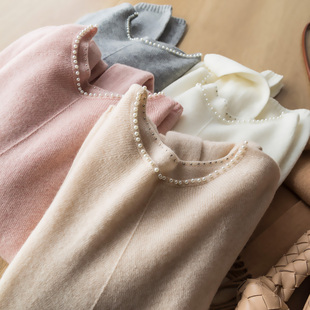 迷人法式 云朵柔软羊绒羊毛精致钉珍珠边圆领中缝长袖针织衫毛衣