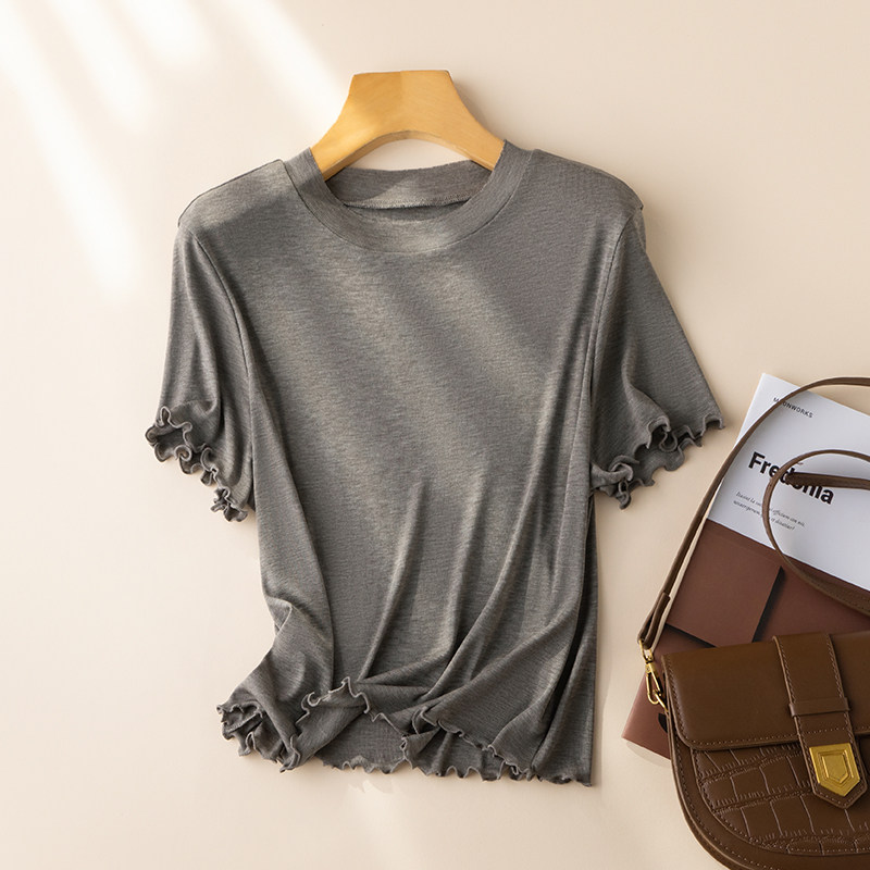 桑蚕丝莱赛尔木耳边短袖圆领T恤